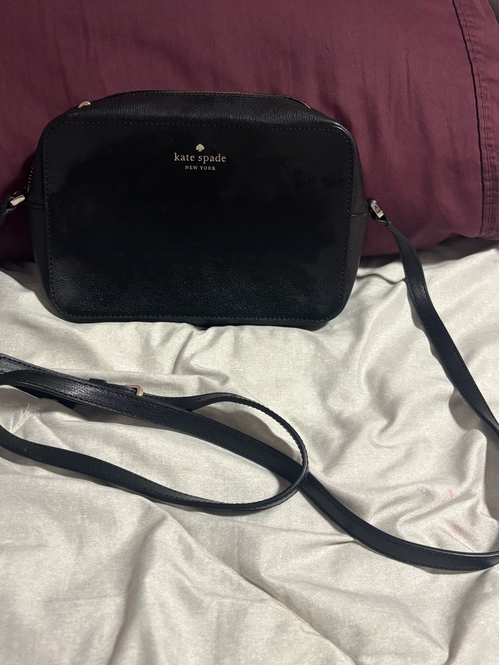 kate spade Black Leather Crossbody Camera Bag with Gold Logo